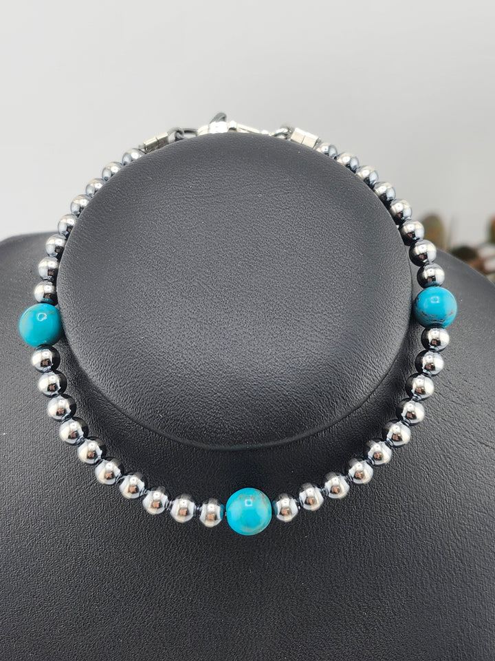 4mm and 6mm Kingman Turquoise and Oxidized 925 Sterling Silver Bead Bracelet - 7"+1"