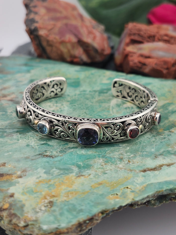 Bali 925 Sterling Silver/18K Gold Accented Mixed Gemstone Cuff