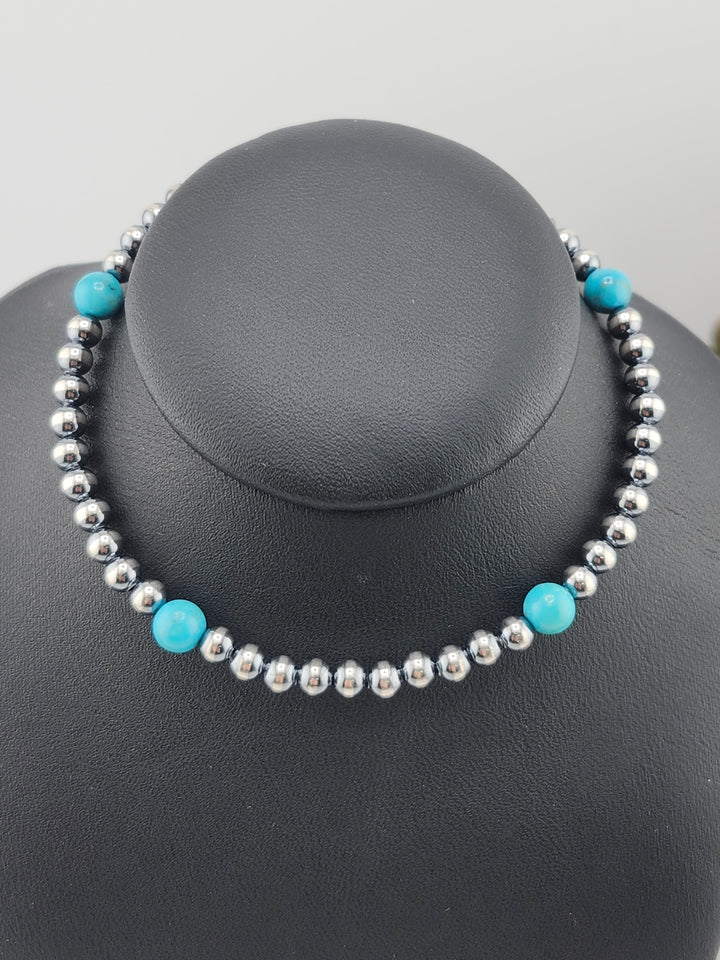 4mm and 6mm Kingman Turquoise and Oxidized 925 Sterling Silver Bead and Saucer Bracelet - 8"+1"