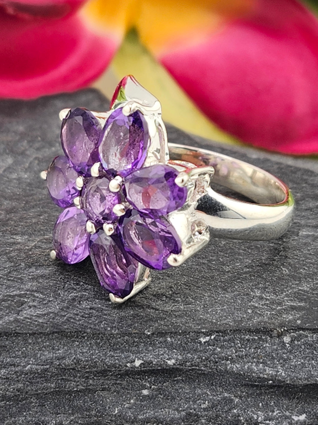 Cluster Amethyst Flower Ring Size 6.25