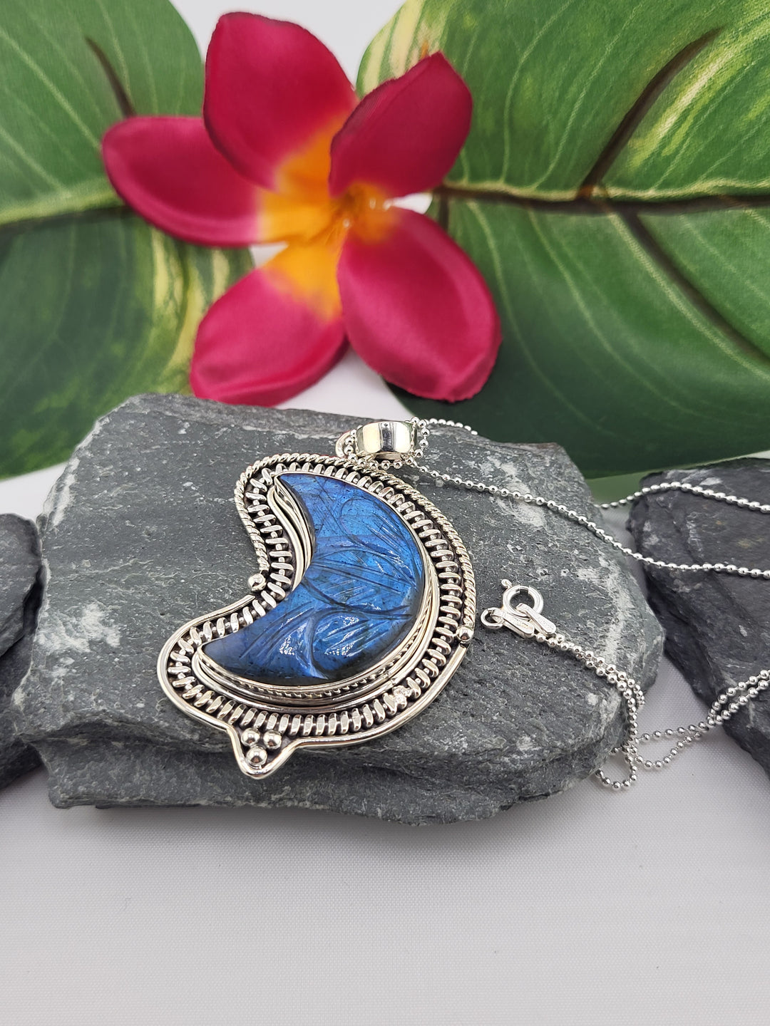 Carved Blue Labradorite Crescent Moon Necklace