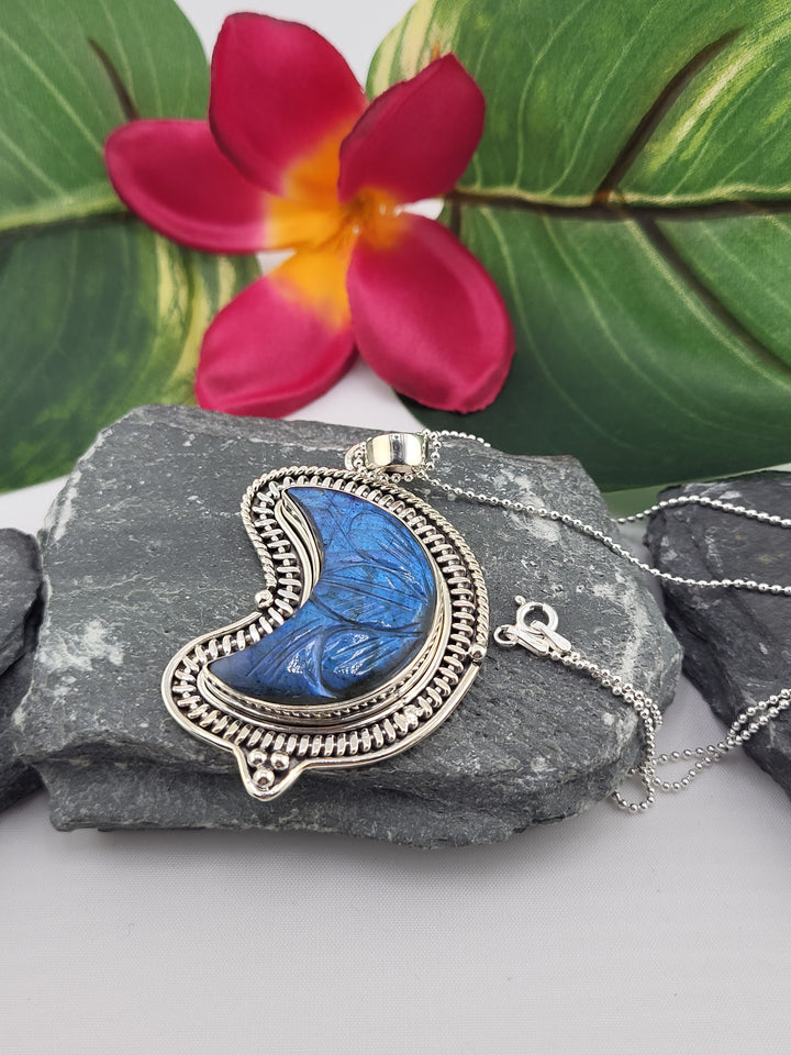 Carved Blue Labradorite Crescent Moon Necklace