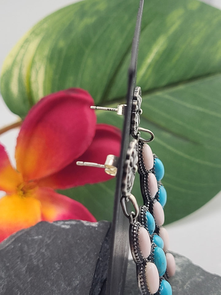 Queen Conch and Turquoise Cactus Stud Dangle Earrings