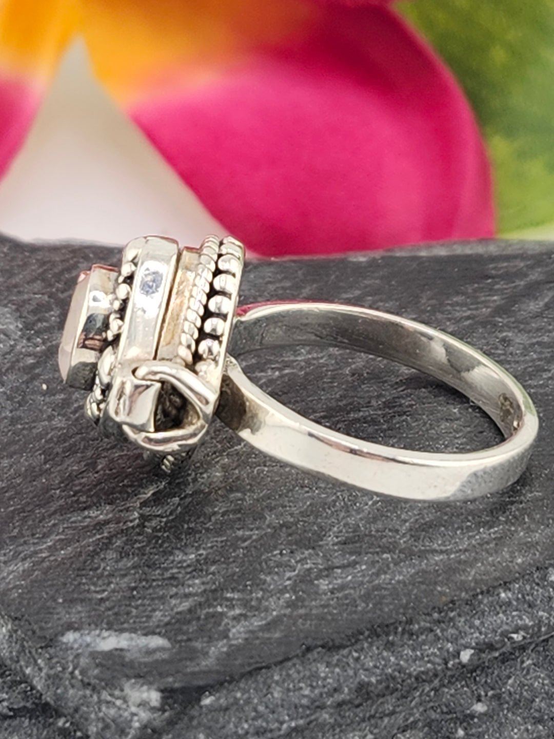 Rose Quartz and 925 Sterling Silver Locket Ring - Size 5.75