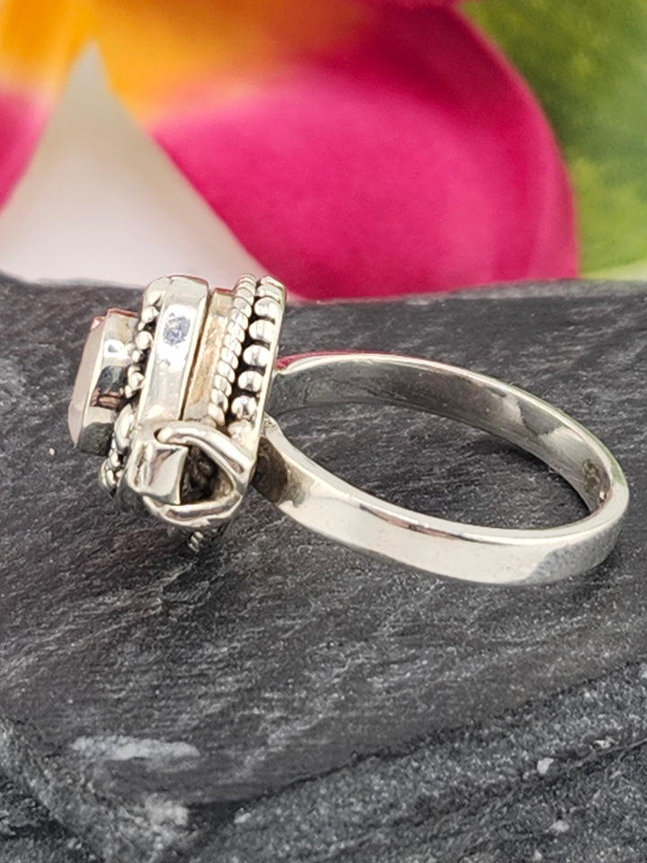 Rose Quartz and 925 Sterling Silver Locket Ring - Size 5.75