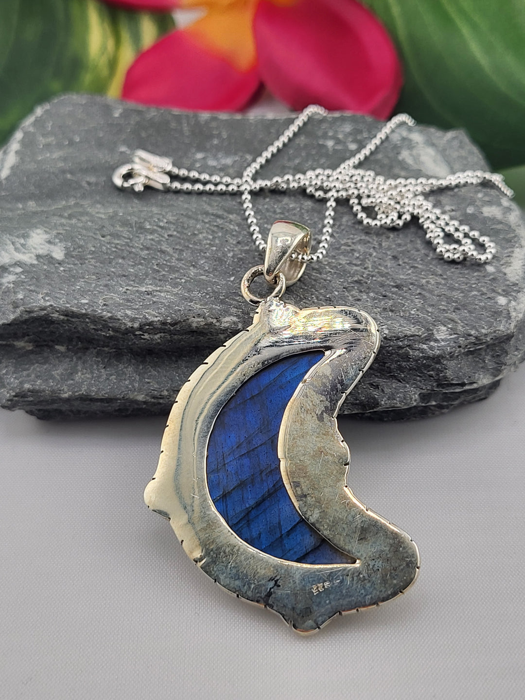Carved Blue Labradorite Crescent Moon Necklace