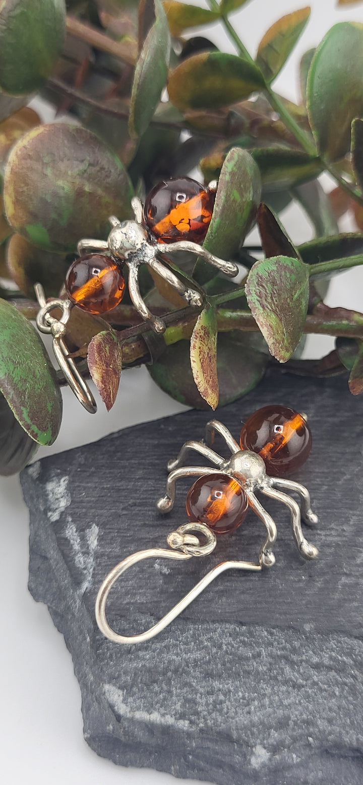 Designer SOMS 925 Sterling Silver &amp; Baltic Amber Ant Earrings