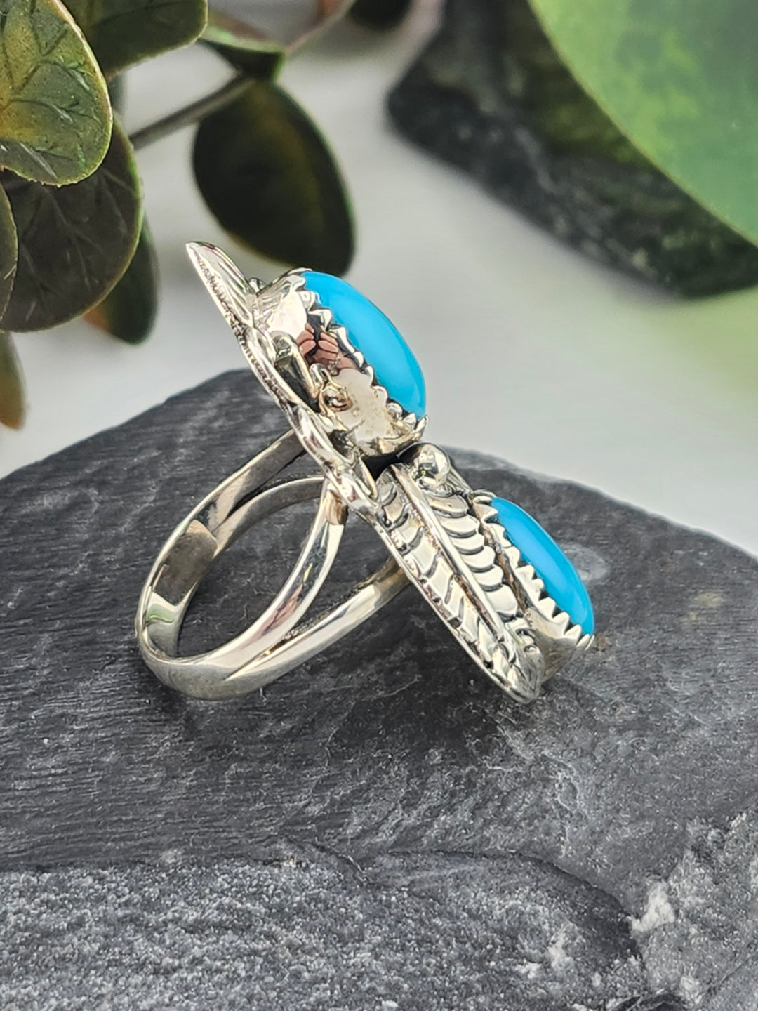 American Turquoise Double Stone and 925 Sterling Silver Ring - Size 5.75