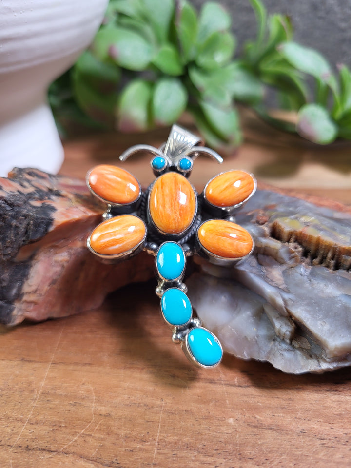 Natural Spiny Oyster & Turquoise Dragonfly Pendant 925 Sterling Silver