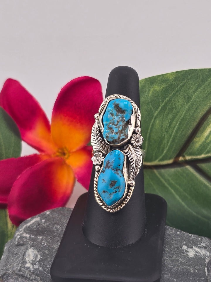 Double stone Kingman Turquoise sterling silver 925 ring size 7
