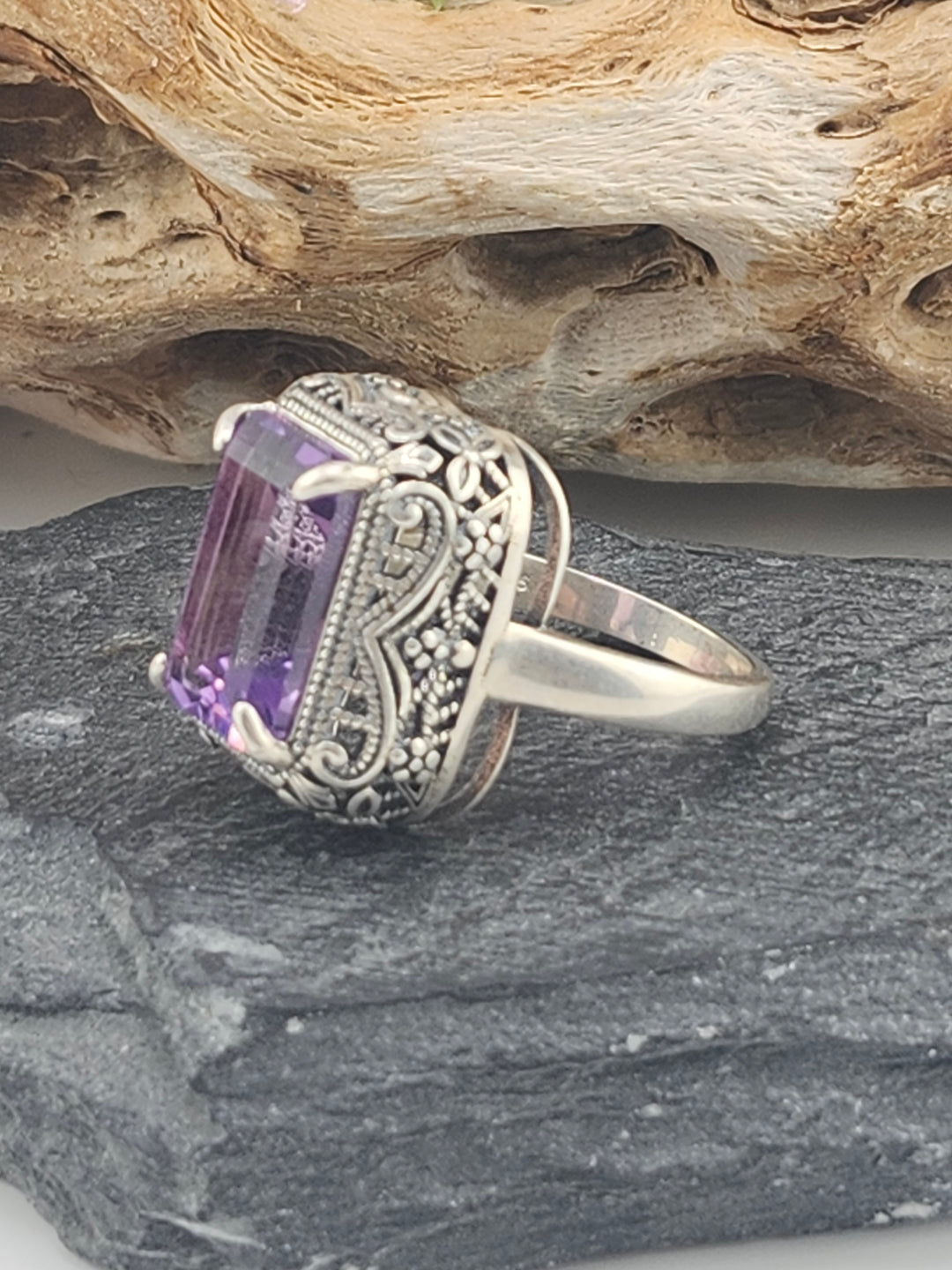 Sterling Floral Amethyst Cubic Ring