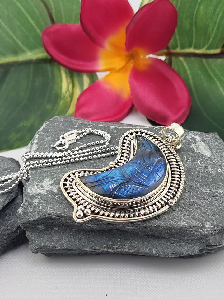 Carved Blue Labradorite Crescent Moon Necklace