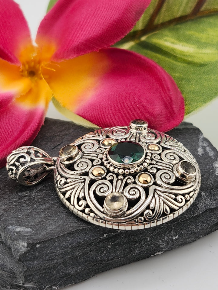 Green Quartz/Citrine & 18k Accented Bali Pendant