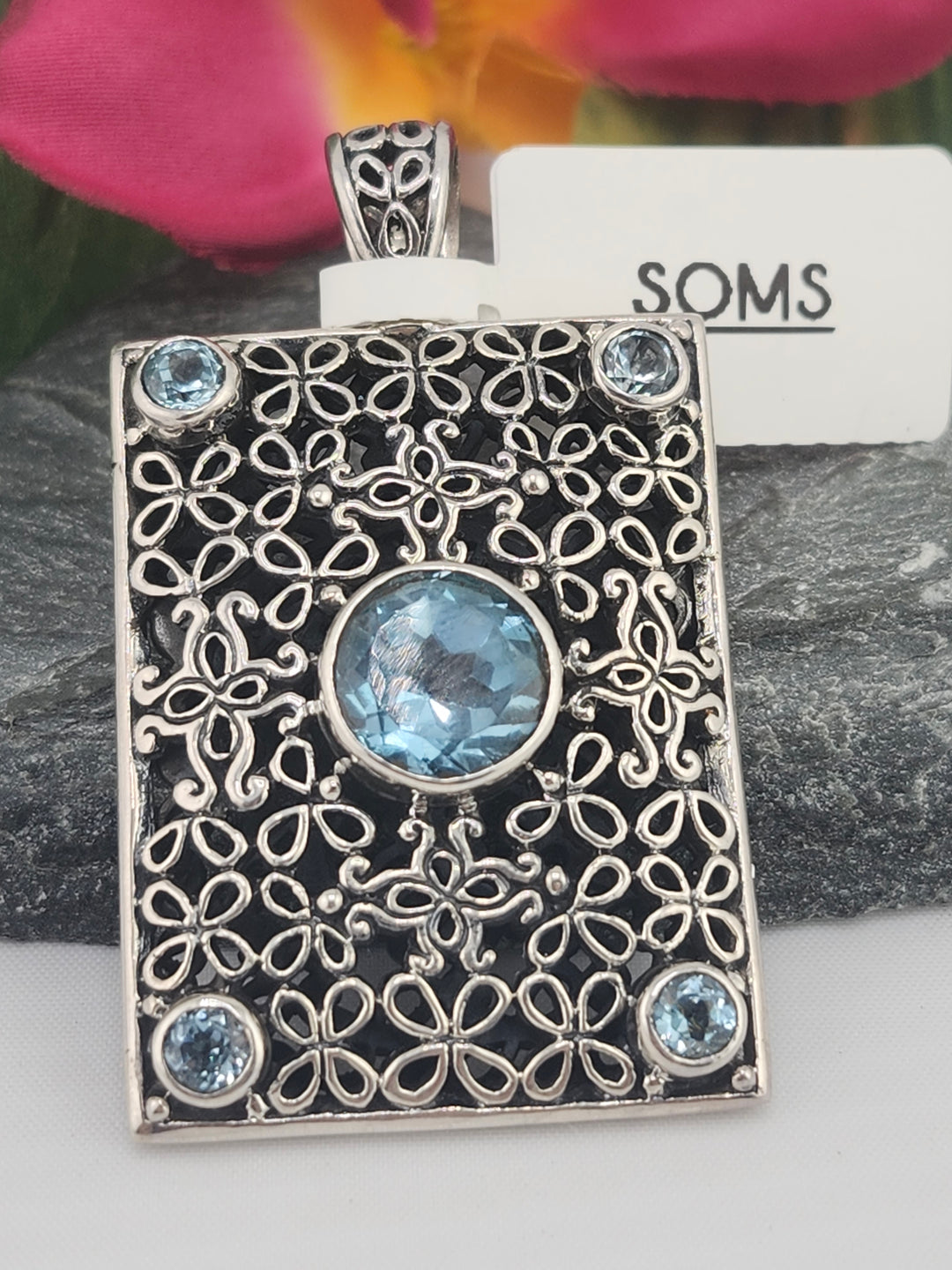 Designer SOMS Blue Topaz and 925 Sterling Silver Pendant