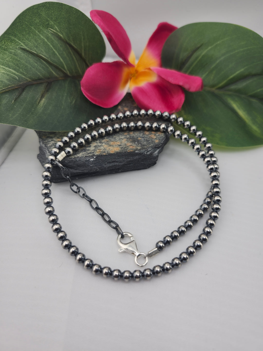 4mm 16"+2" Oxidized 925 Sterling Silver Bead Necklace