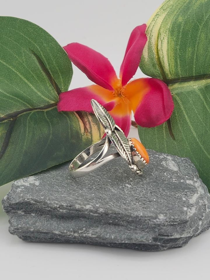 Orange Spiny Oyster Feather Ring Size 9.25