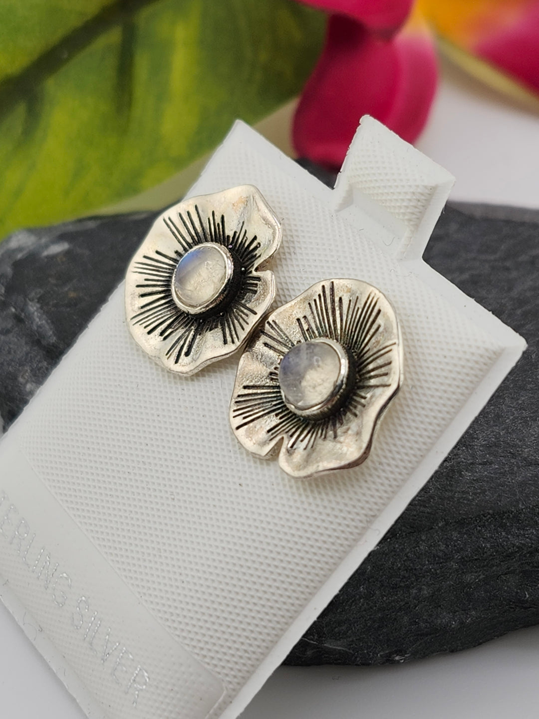 Moonstone Flower & 925 Sterling Silver Stud Earrings
