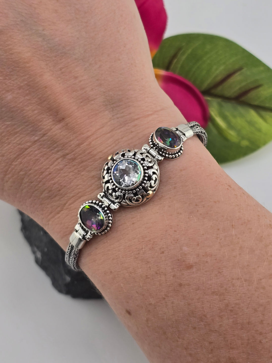 Real Mystic and Sunset Mystic Topaz 925 Sterling Silver and 18k Gold Accented Bali Bracelet 7.25"