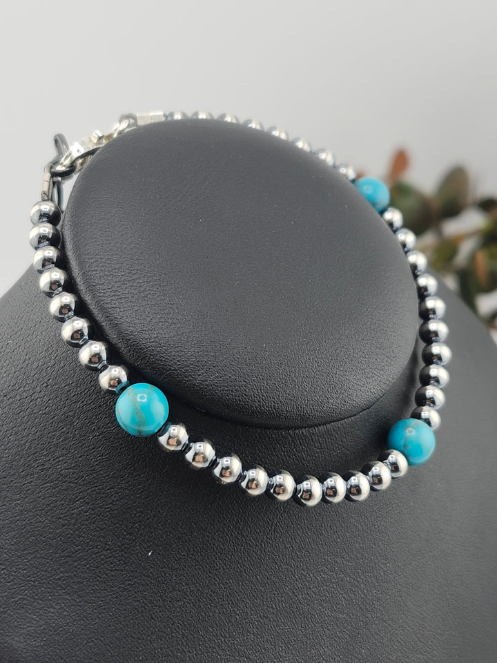 4mm and 6mm Kingman Turquoise and Oxidized 925 Sterling Silver Bead Bracelet - 7"+1"