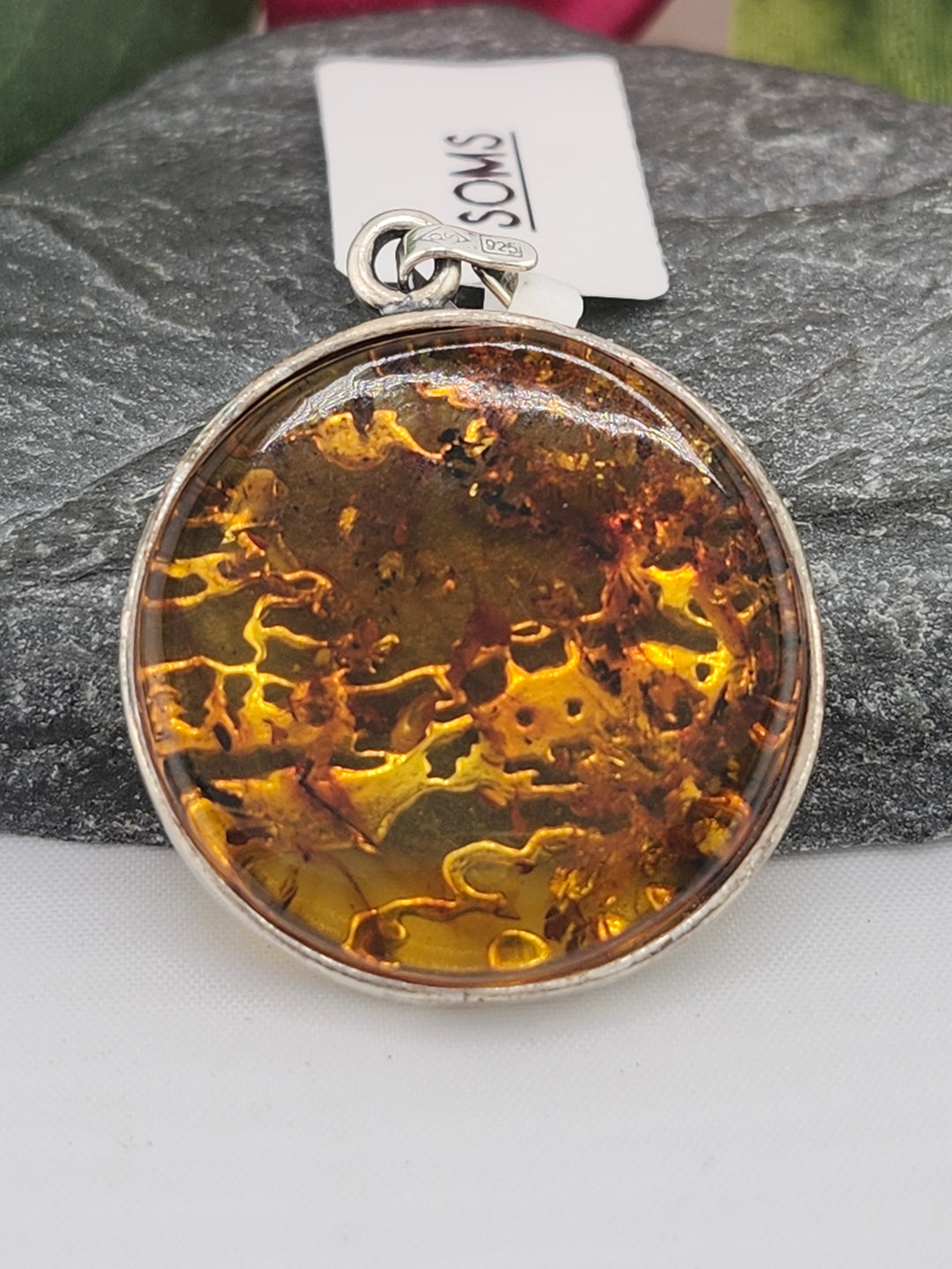 Designer SOMS Baltic Amber and 925 Sterling Silver Scenery Pendant