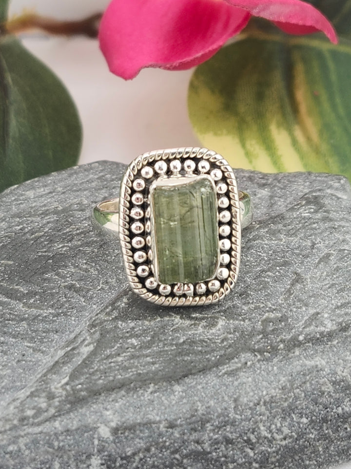 Raw Green Tourmaline and 925 Sterling Silver Ring - Size 7