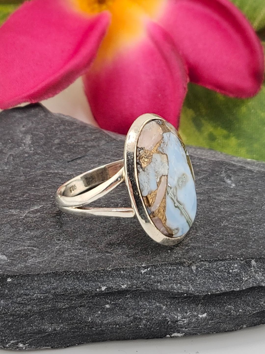 Blue & Pink Copper Opal Ring Size 8