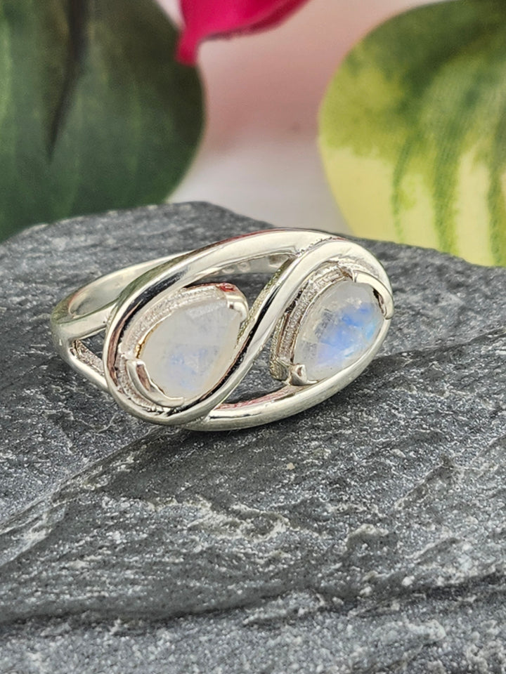 Double Moonstone and 925 Sterling Silver Ring - Size 7.5