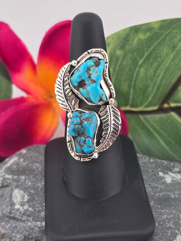 Double stone Kingman Turquoise sterling silver 925 ring size 7