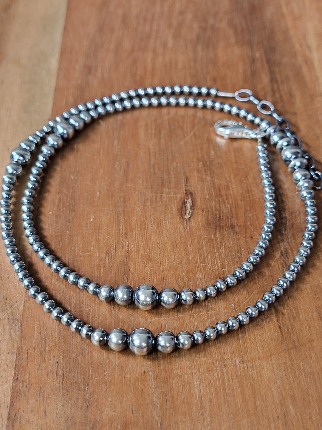 Oxidized Sterling Silver Graduated Bead Station w/Saucer Necklace 3‐6mm 20"+2" extension