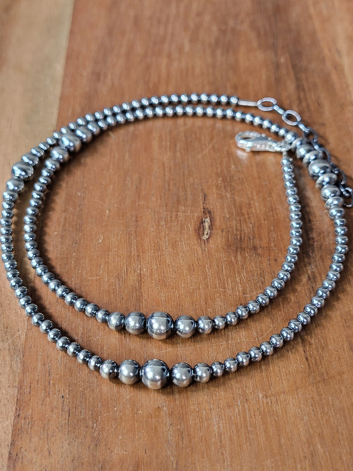 Oxidized Sterling Silver Graduated Bead Station w/Saucer Necklace 3‐6mm 20"+2" extension