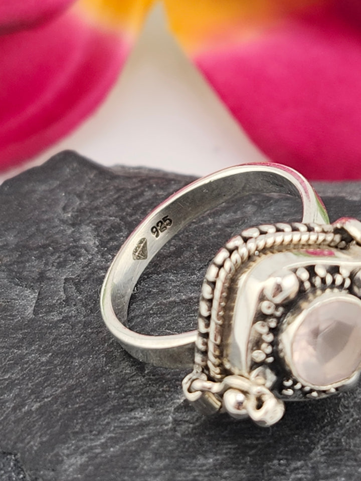 Rose Quartz and 925 Sterling Silver Locket Ring - Size 5.75