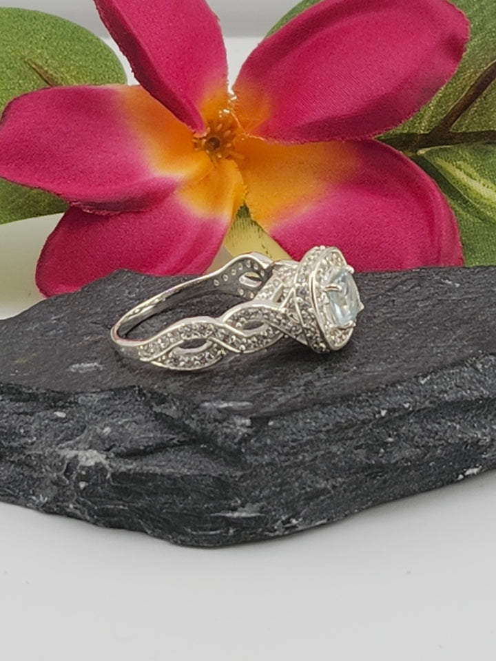 Aqua and 925 Sterling Silver Ring w/ cz