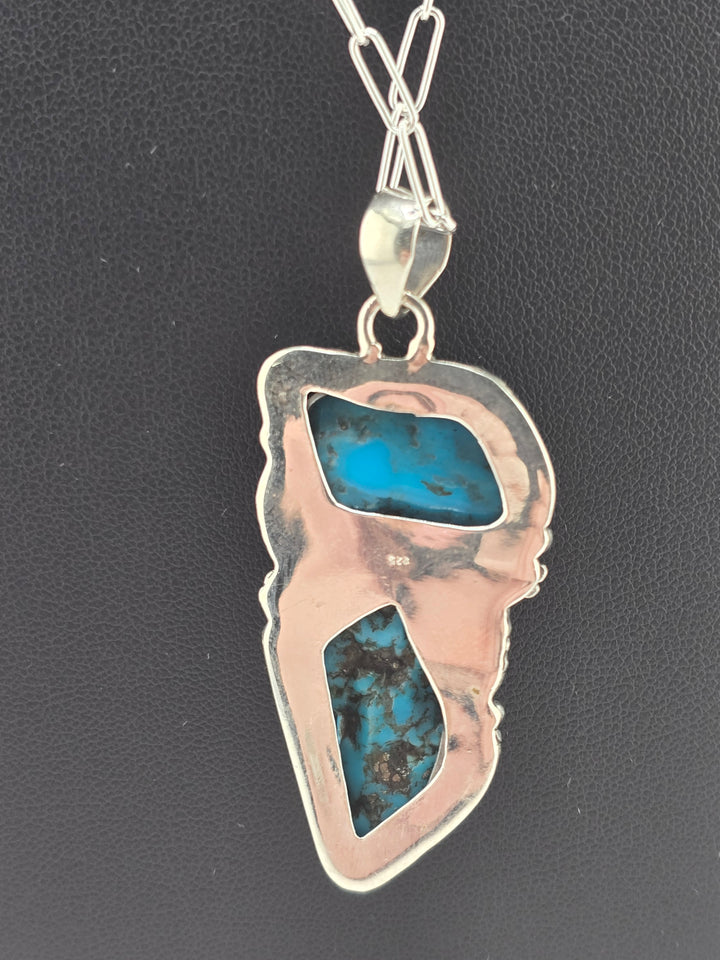 Raw Kingman Turquoise double stone 925 sterling silver pendant w/ 18" 3mm paperclip Chain