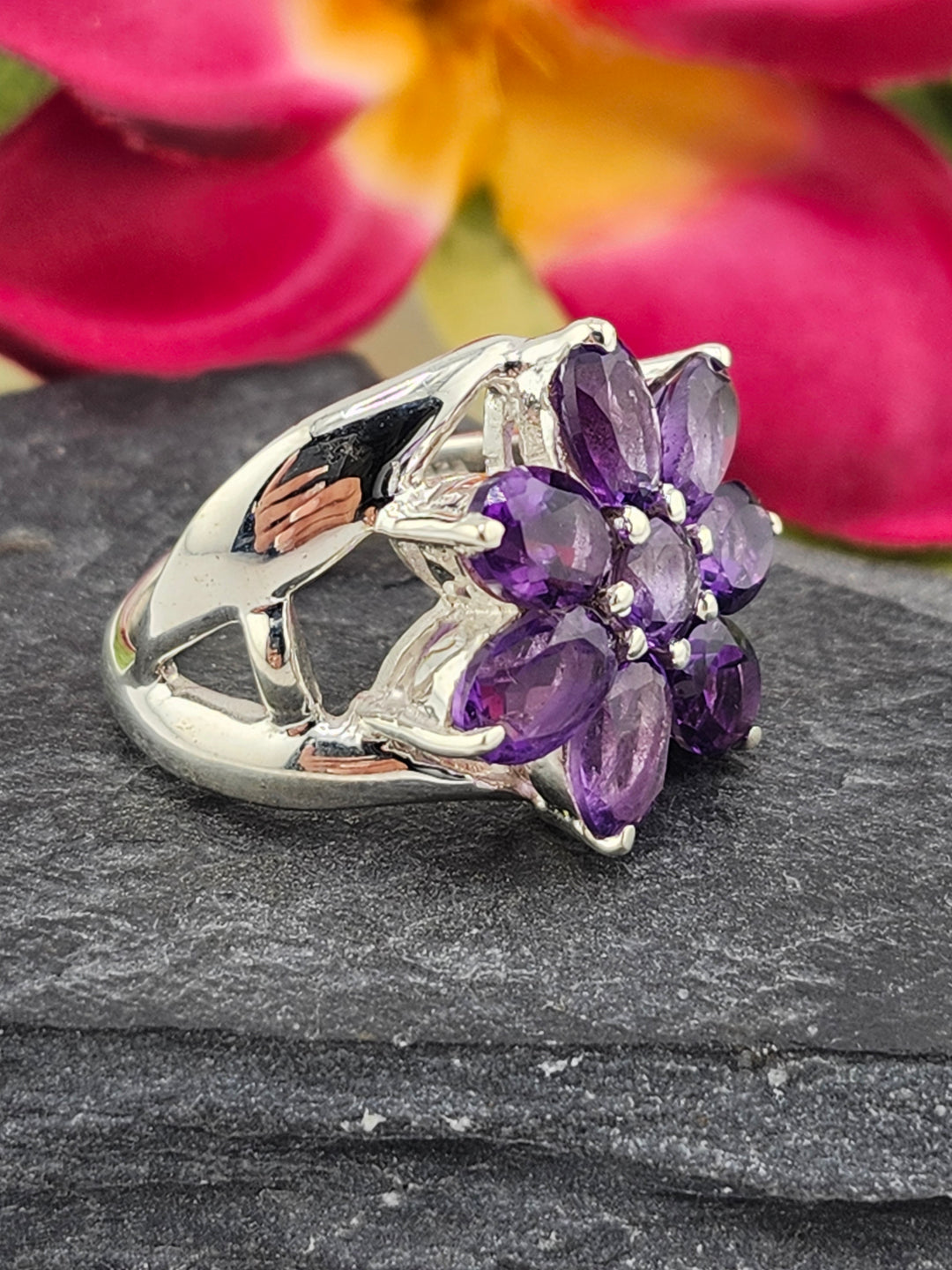 Cluster Amethyst Flower Ring Size 6.25