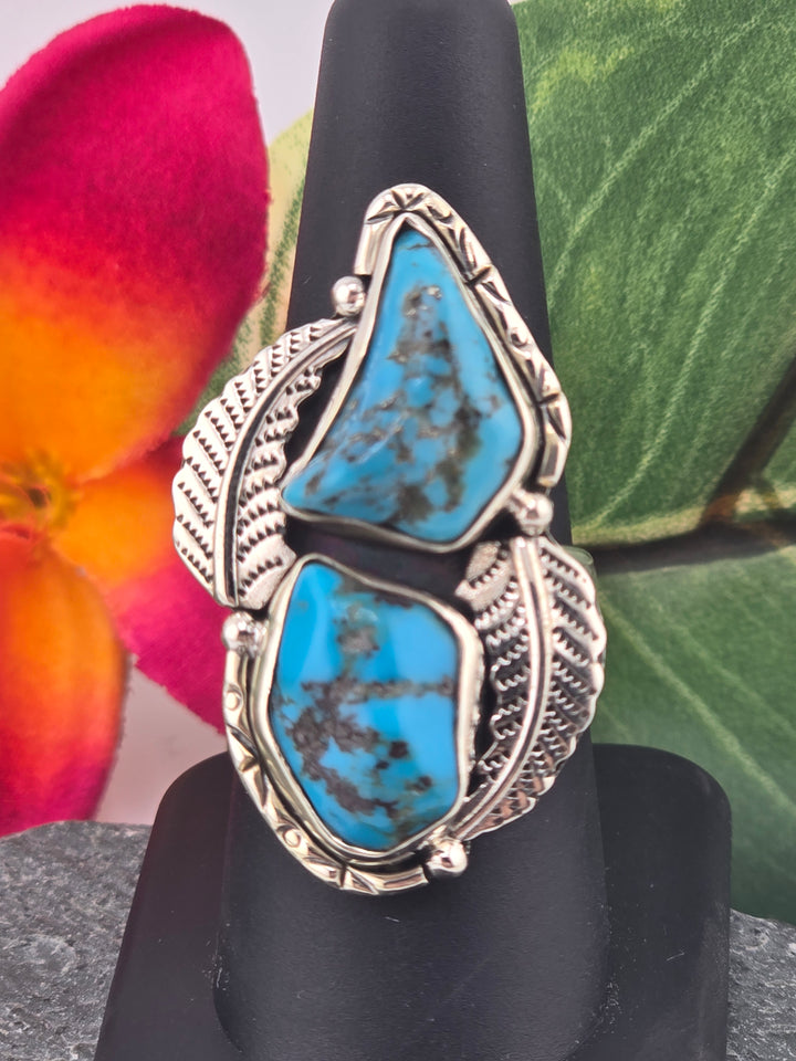 Double stone Kingman Turquoise sterling silver 925 ring size 8