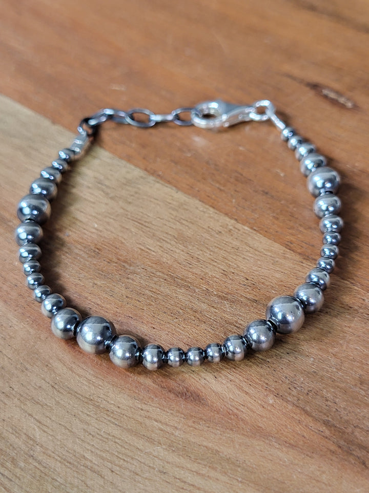 Oxidized Sterling Silver Graduated Bead Station Bracelet 3‐6mm 6"+1" extension