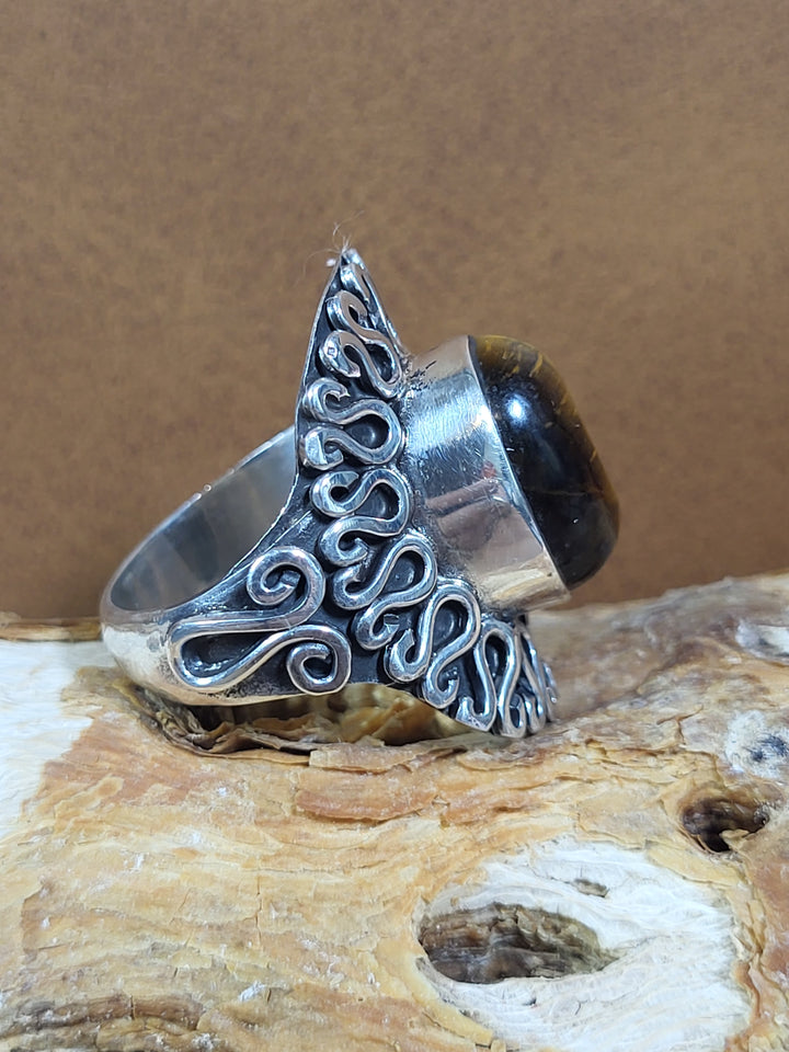 Natural Tiger's Eye 925 Sterling Silver Ring - Size 7 3/4