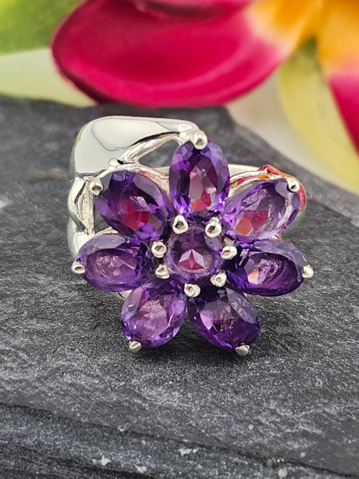 Cluster Amethyst Flower Ring Size 6.25