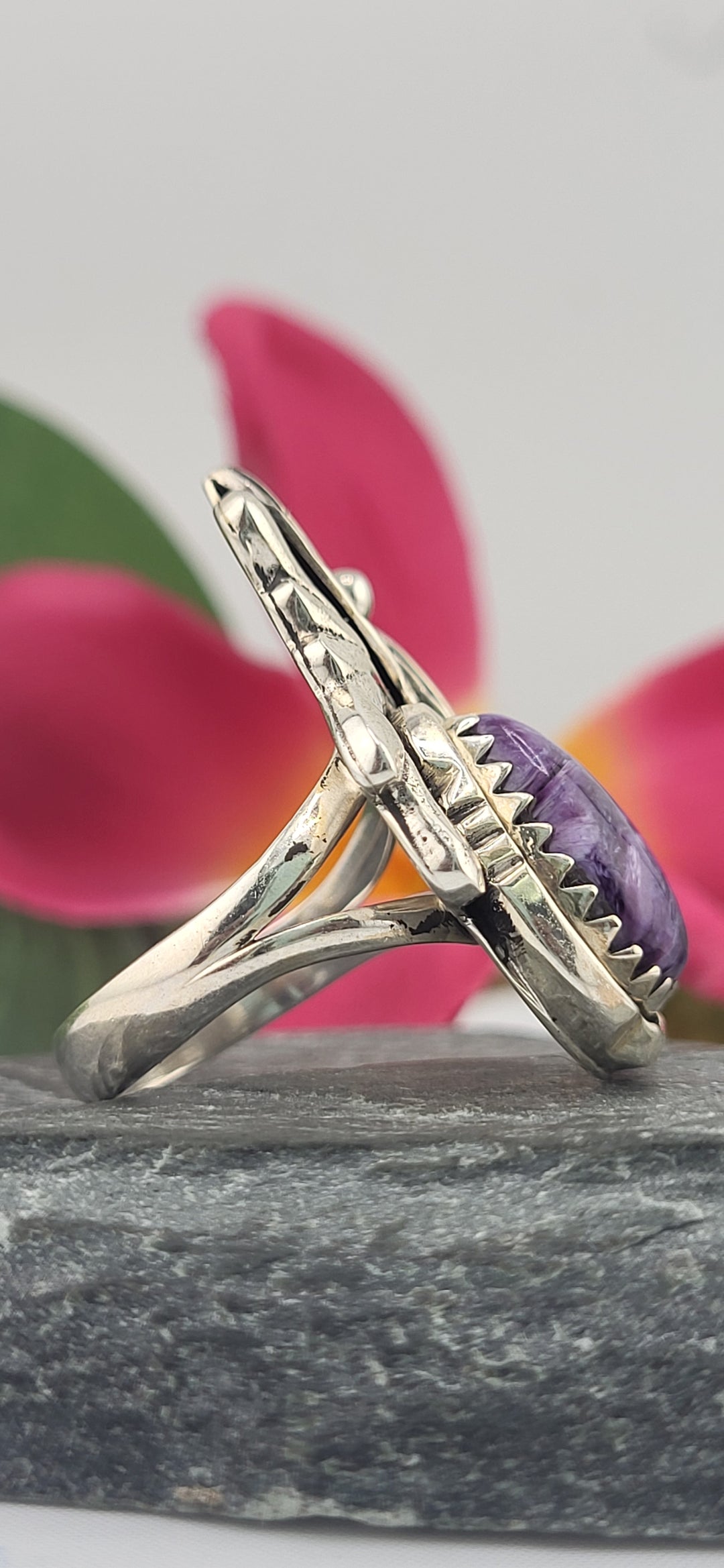 Charoite Teardrop & 925 Sterling Silver Leafs Ring Size 7