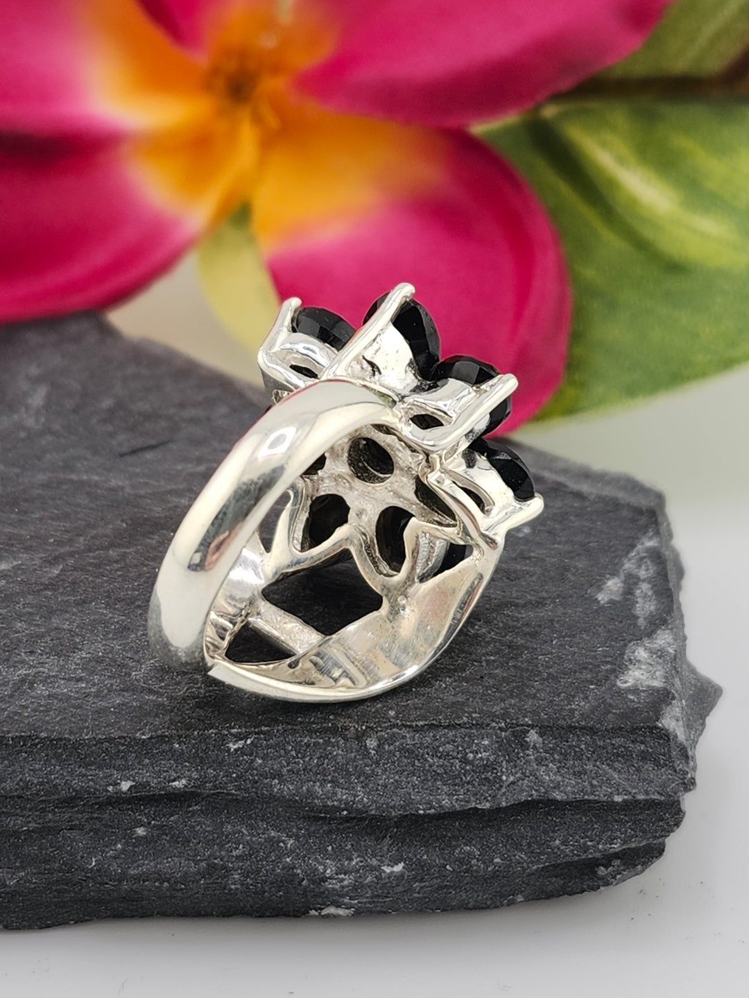 Cluster Black Onyx Flower Ring Size 6