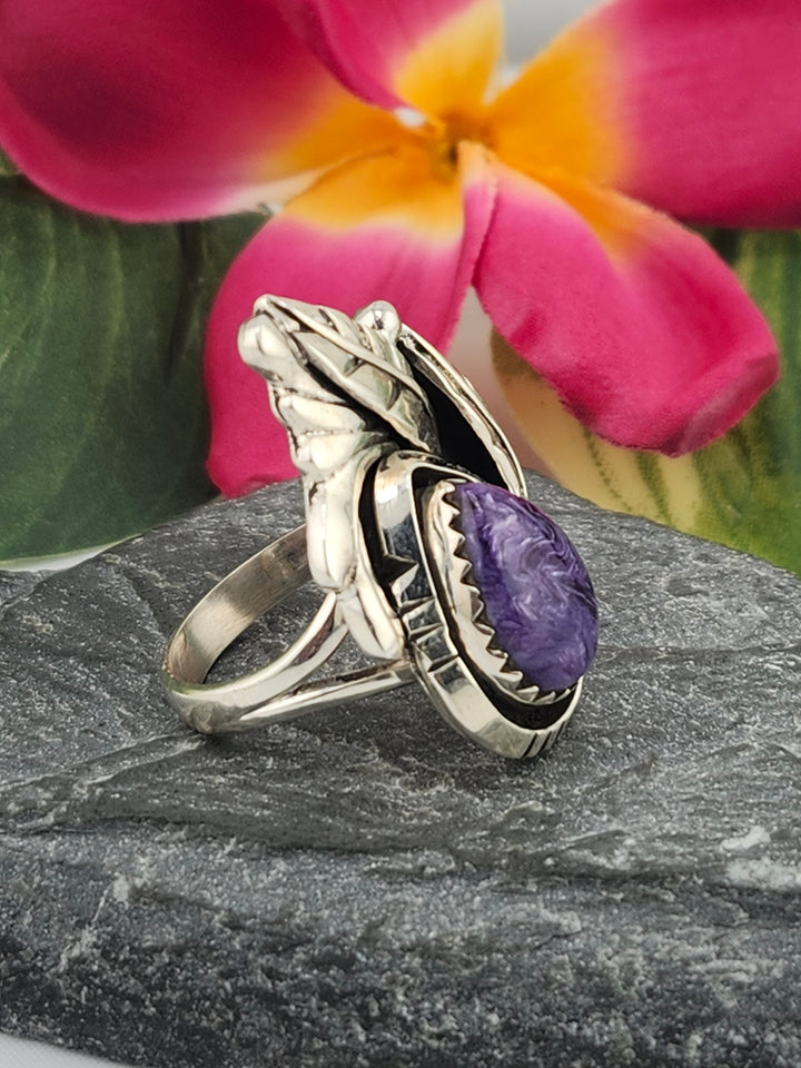 Charoite Teardrop & 925 Sterling Silver Leafs Ring Size 8