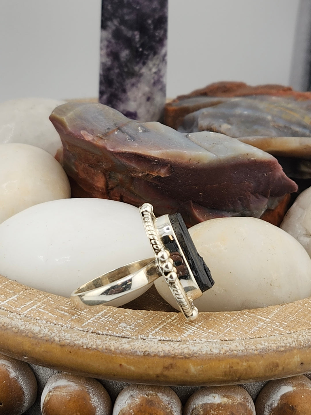 Raw Black Tourmaline 925 Sterling Silver Ring Size 9