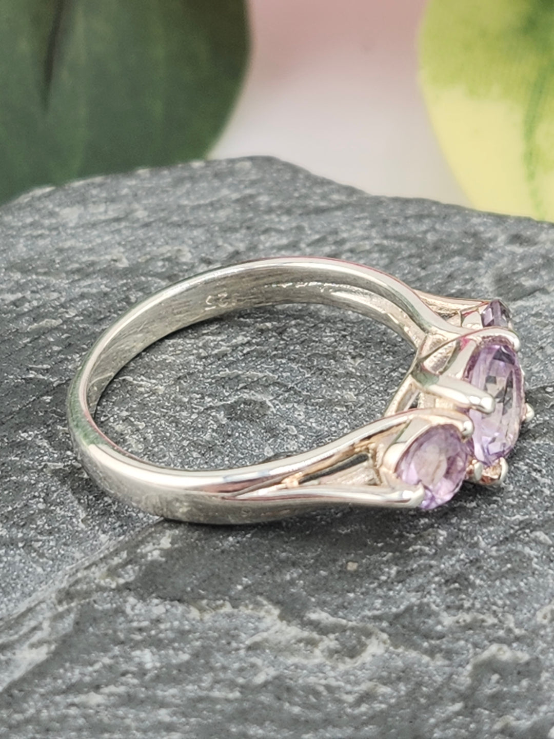 Three Stone Amethyst and 925 Sterling Silver Ring - Size 6.5