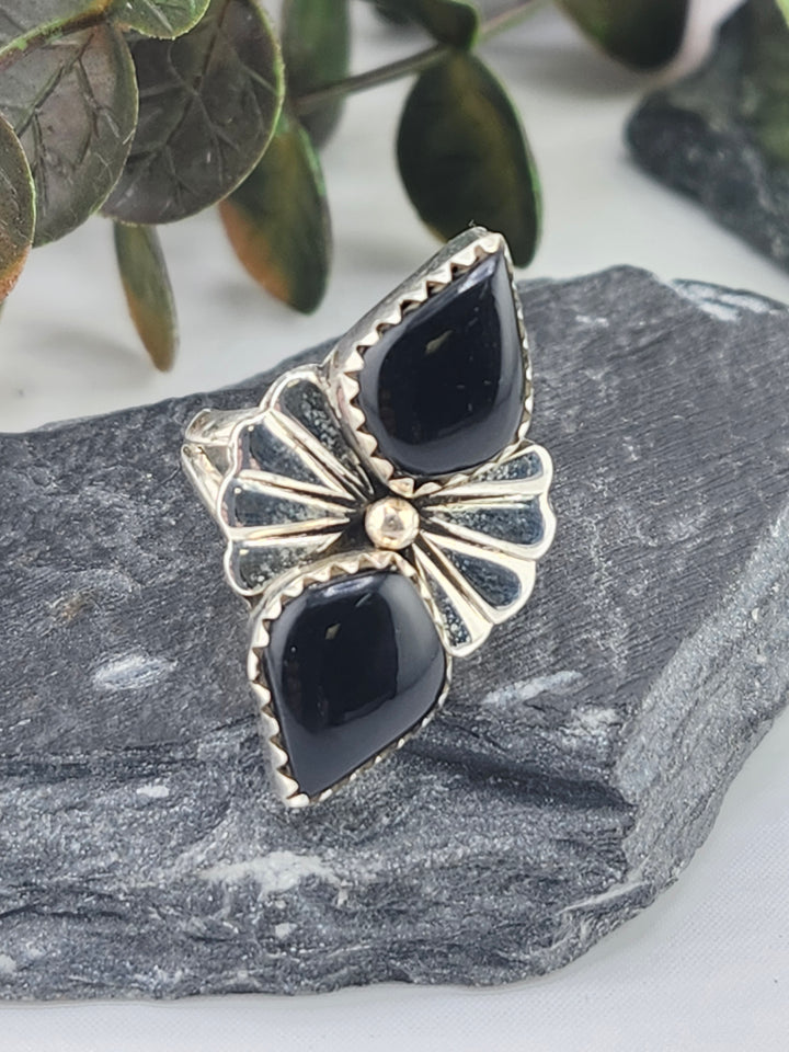 Black Onyx Double Stone and 925 Sterling Silver Ring - Size 7.25