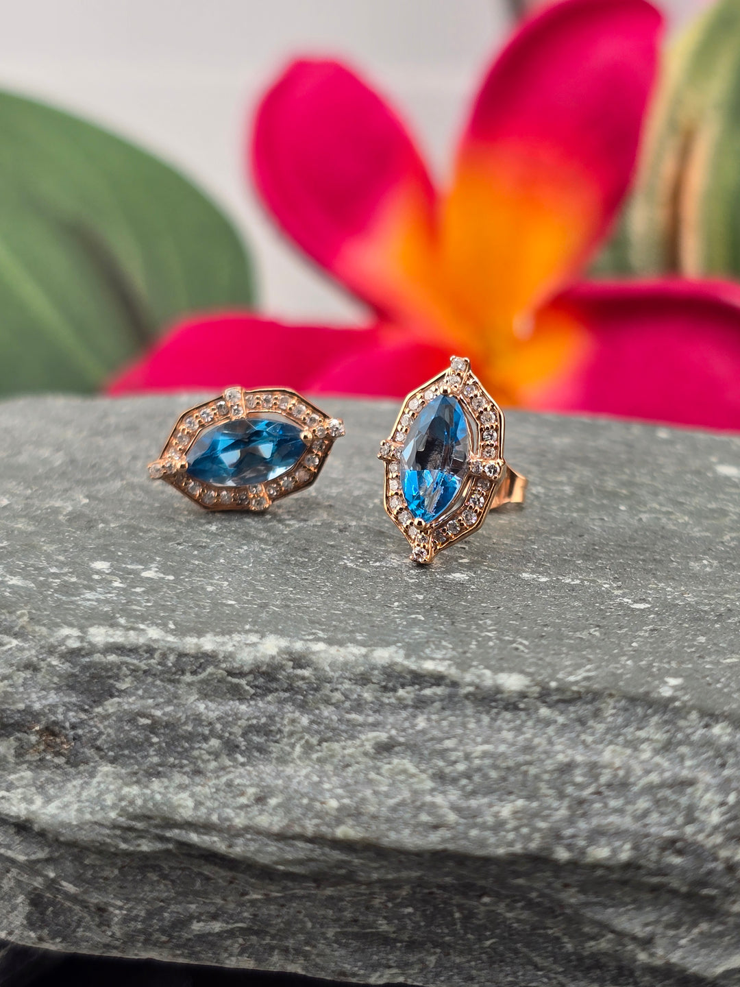 10k Rose Gold London Blue Topaz & Natural Diamond Post Back Earrings