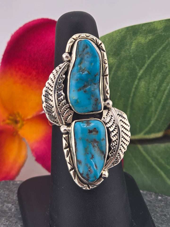 Double stone Kingman Turquoise sterling silver 925 ring size 6