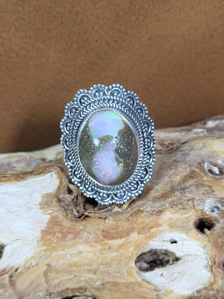 Natural Ethiopian Boulder Opal 925 Sterling Silver Ring - Size 7