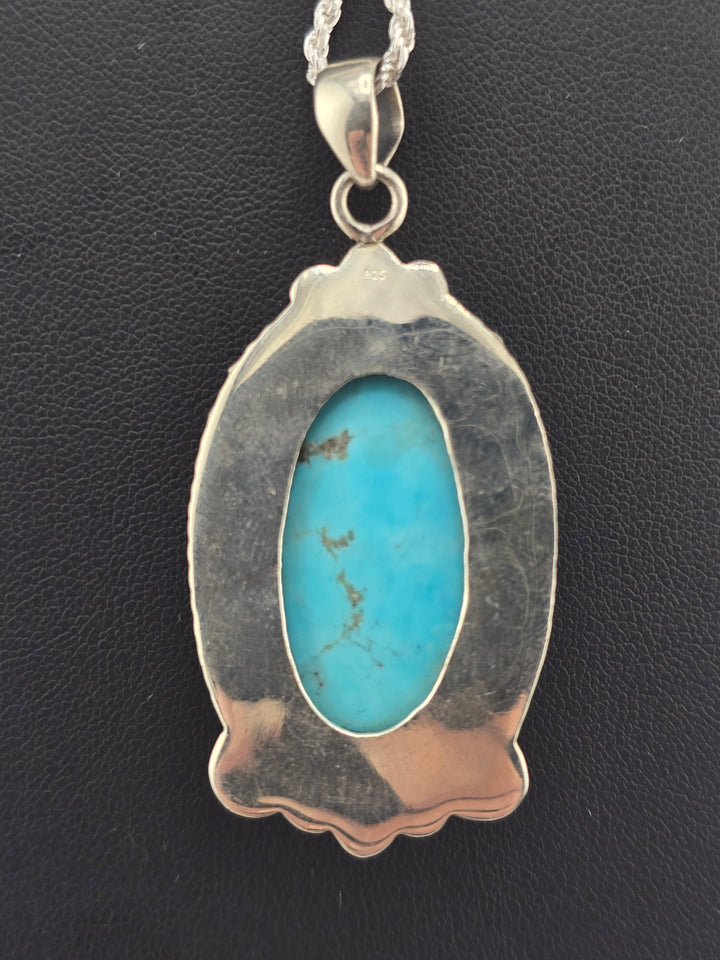 Carved solid American Turquoise 925 sterling silver pendant w/ 18" 1.8mm Rope Chain