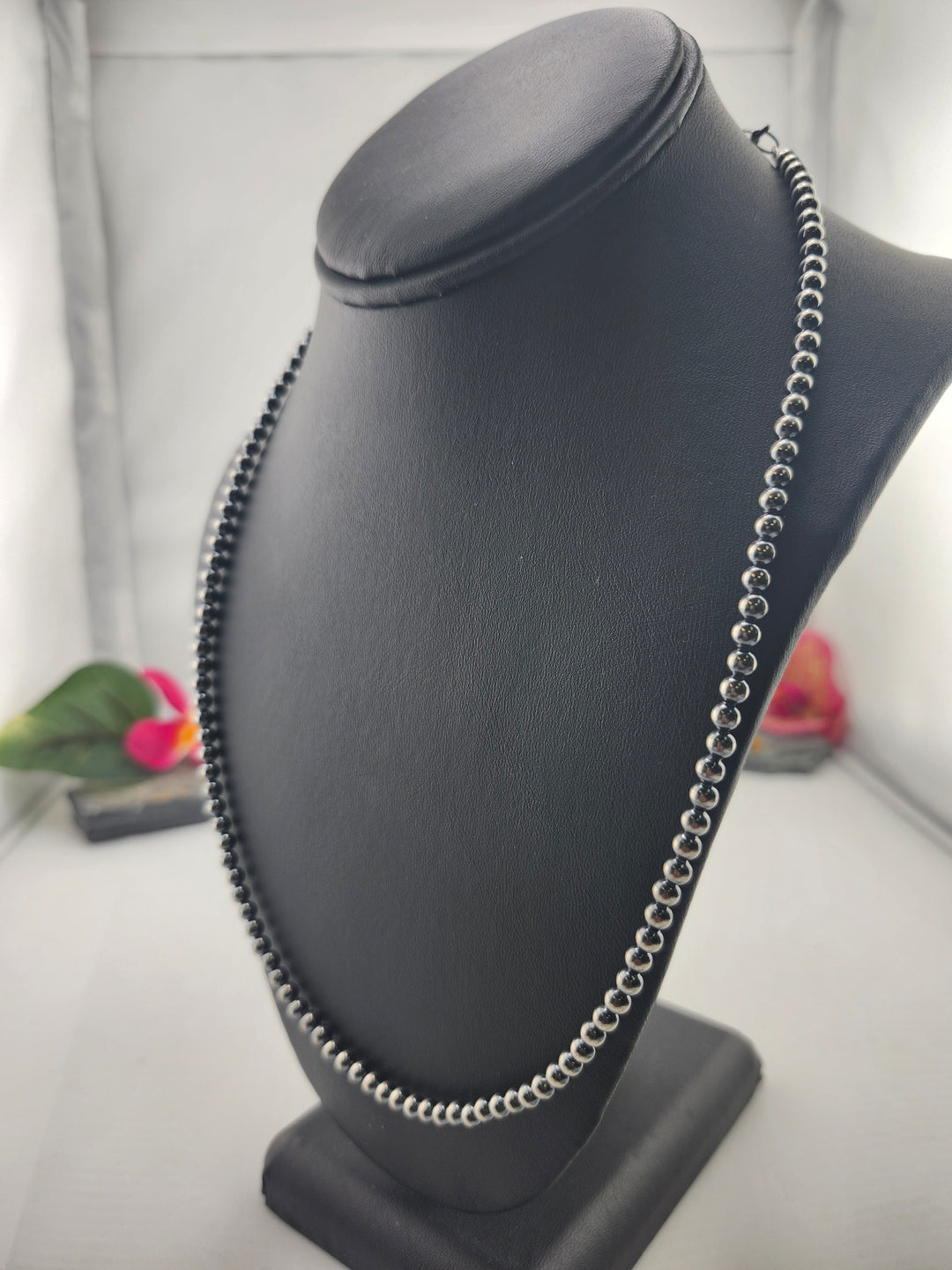 4mm 20"+2" Oxidized 925 Sterling Silver Bead Necklace