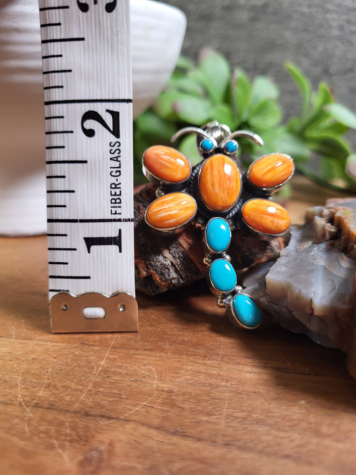 Natural Spiny Oyster & Turquoise Dragonfly Pendant 925 Sterling Silver